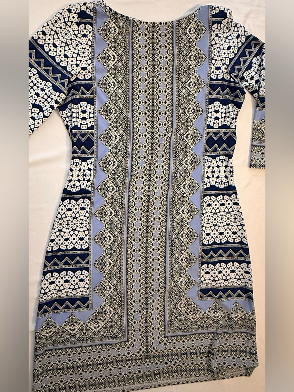 London Times Navy and Light Blue Patterned Long Sleeve Shift Dress (MM10)
